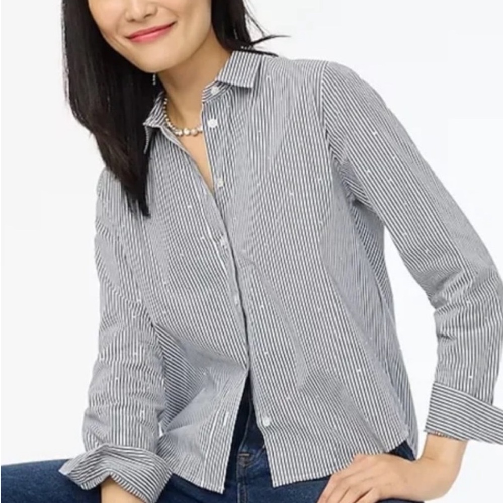J. Crew Modern Black and White Striped Button-Down Shirt with Rhinestones